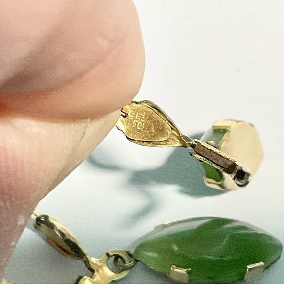 Vintage Jade Drop Earrings Rolled Gold Dangles - Picture 6 of 8